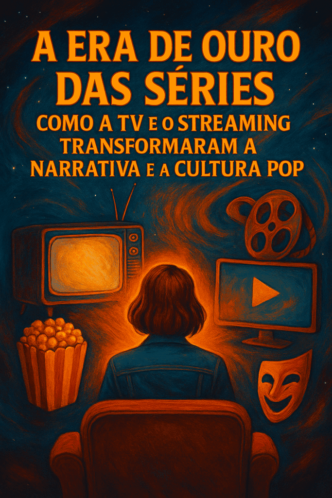 Ilustração vertical com televisão retrô, smartphone e personagens de séries ao fundo, representando a Era de Ouro das Séries