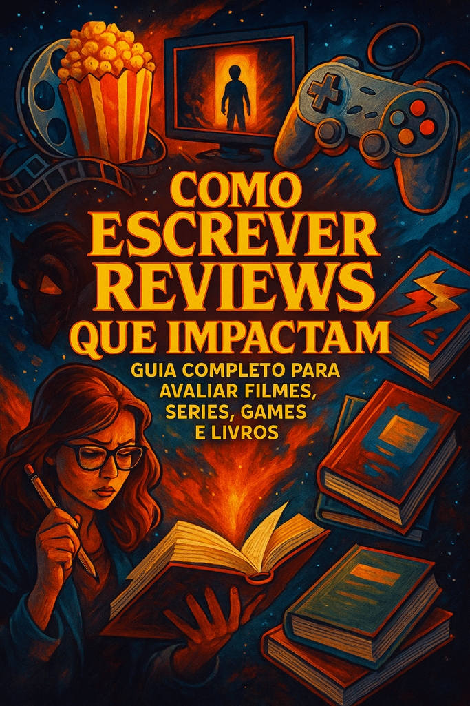 Ilustração vibrante representando elementos da cultura pop como livros, filmes, séries e games, simbolizando a prática de escrever reviews.
