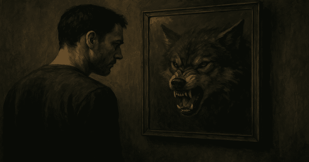 Homem encara um espelho onde vê o reflexo de um lobo raivoso, representando o lado sombrio do comportamento humano refletido na inteligência artificial. O Lobo Que Treinamos