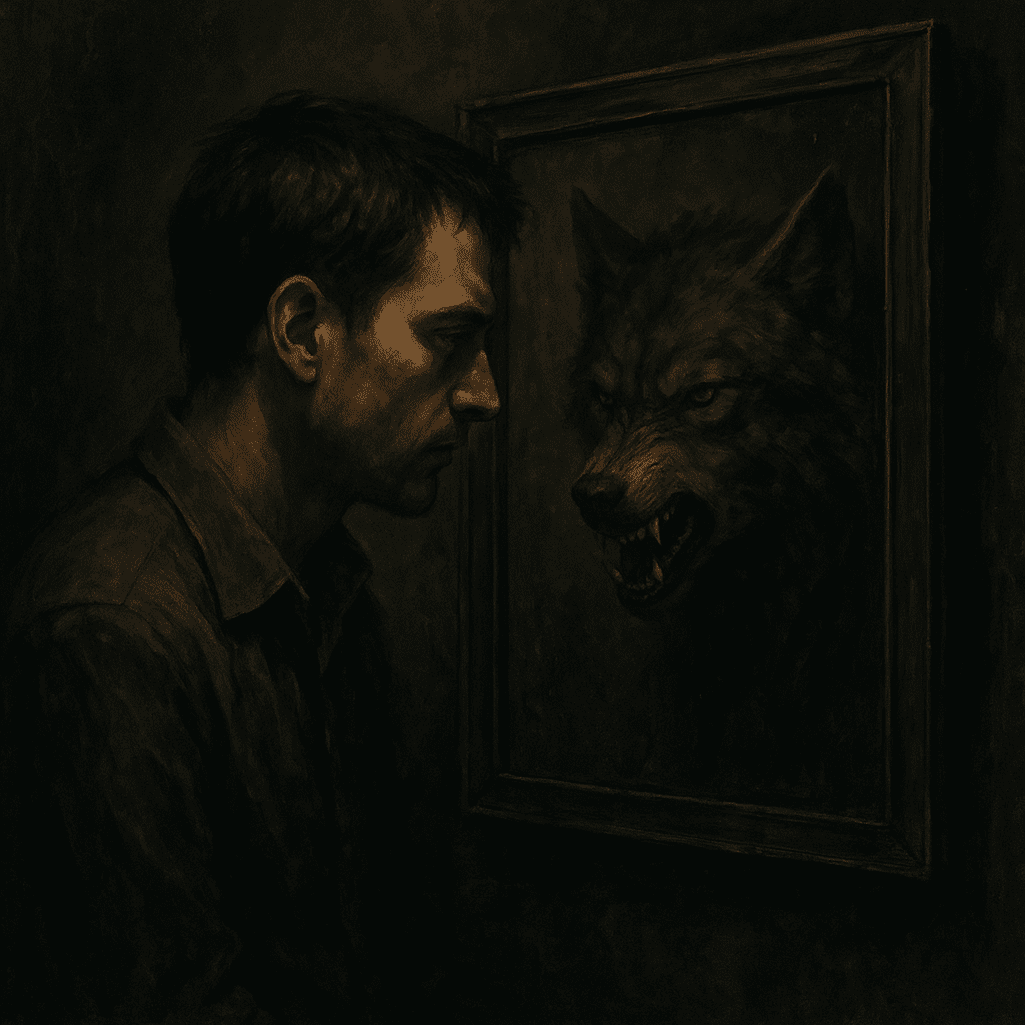 Homem encara um espelho onde vê o reflexo de um lobo raivoso, simbolizando o conflito interno e os perigos da inteligência artificial treinada com aspectos negativos da humanidade.O Lobo Que Treinamos