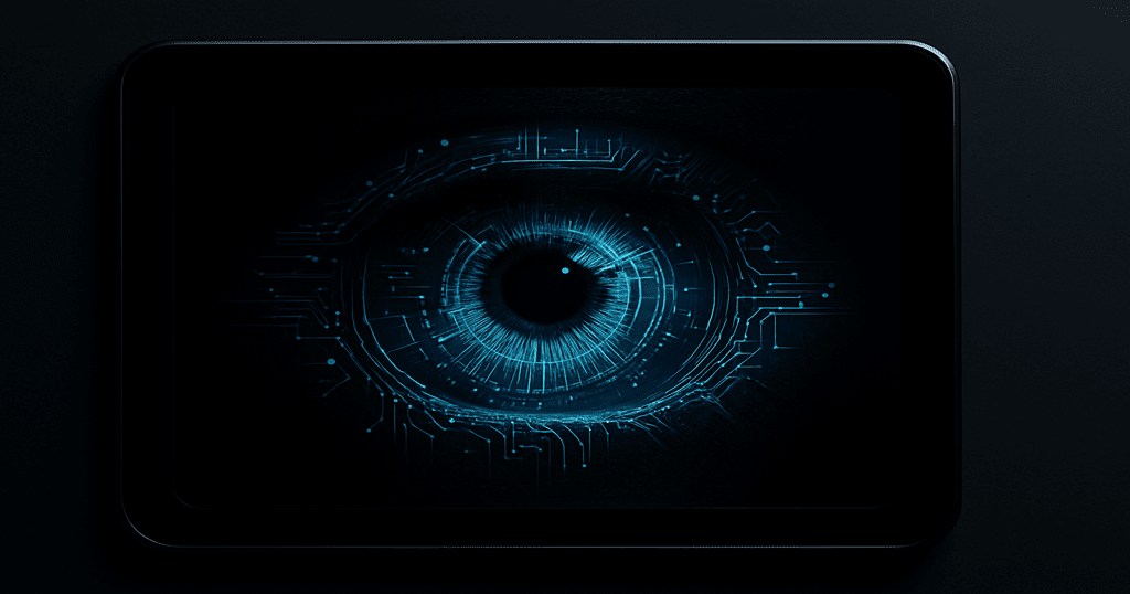 Espelho preto refletindo um olho com circuitos, referência visual à série Black Mirror.