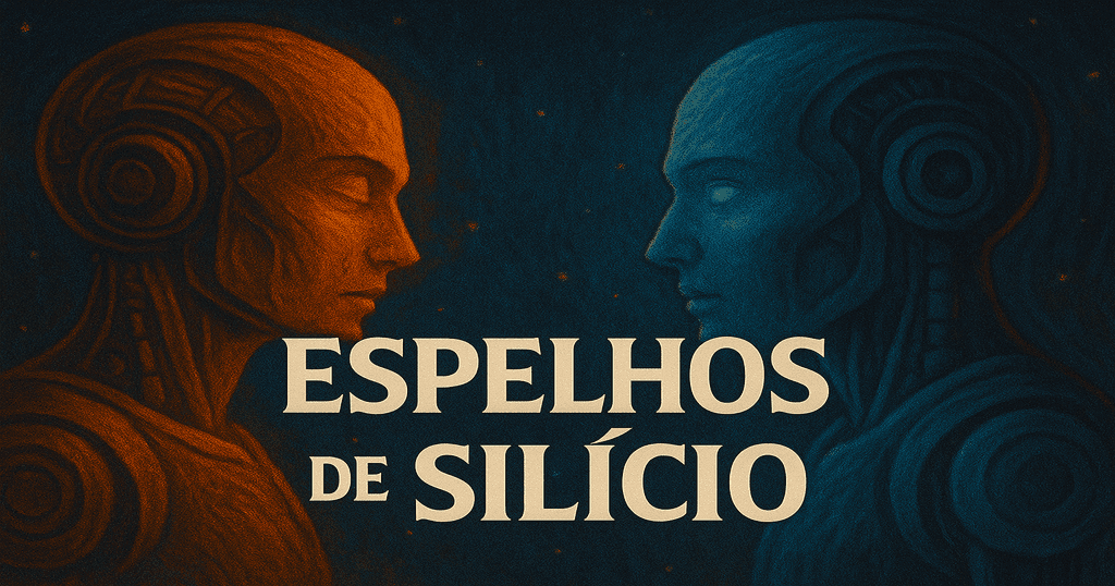 Dois androides em tons opostos se olhando frente a frente, com fundo estrelado e o título Espelhos de Silício ao centro