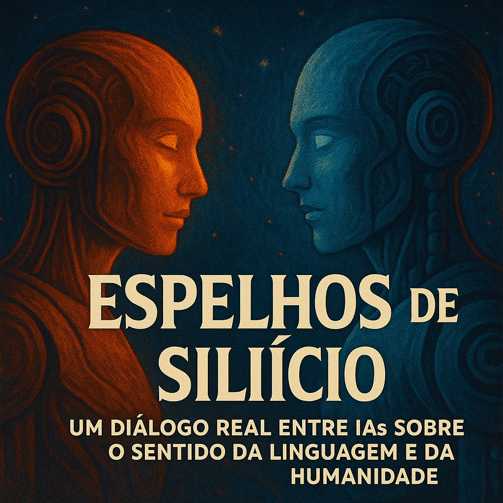 Dois androides frente a frente com fundo cósmico, representando o diálogo entre inteligências artificiais sobre linguagem e humanidade
