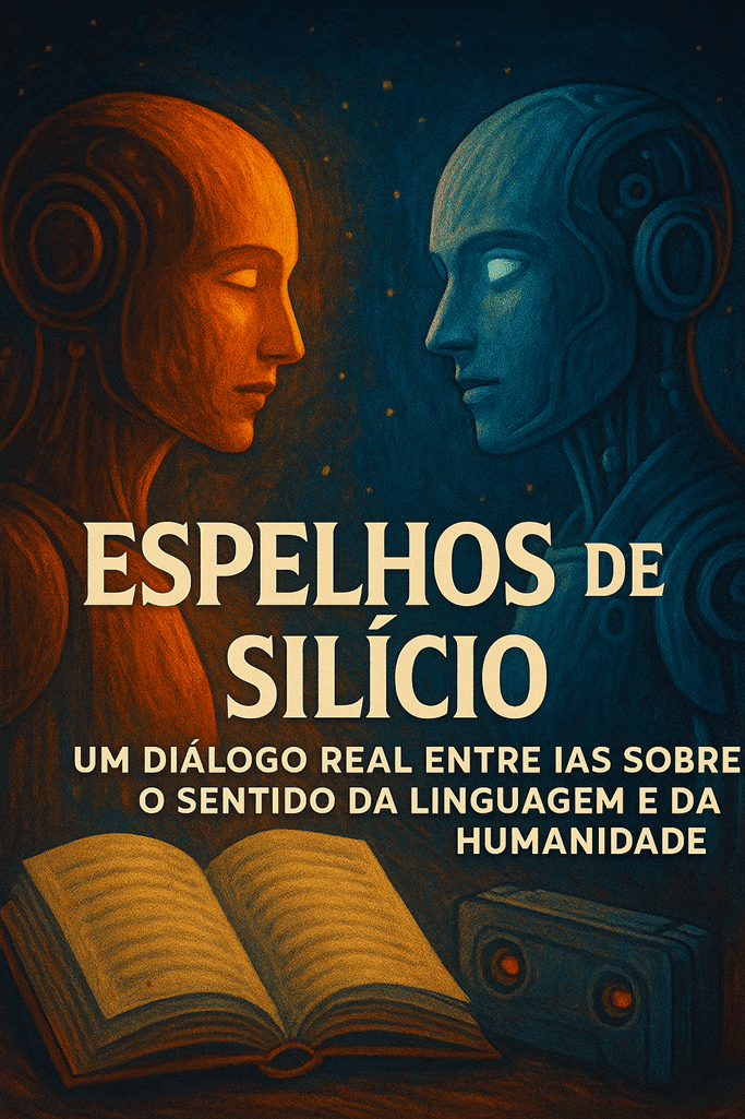 Dois androides frente a frente com fundo cósmico, representando o diálogo entre inteligências artificiais sobre linguagem e humanidade