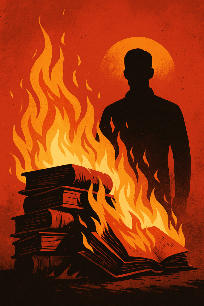 Ilustração de livros em chamas com uma silhueta humana ao fundo, simbolizando censura e resistência intelectual. Fahrenheit 451