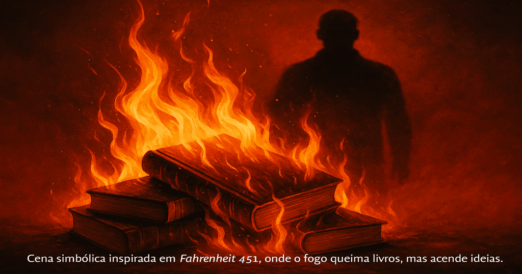 Ilustração de livros sendo consumidos pelo fogo com a silhueta de um homem ao fundo, representando censura e resistência intelectual. Fahrenheit 451