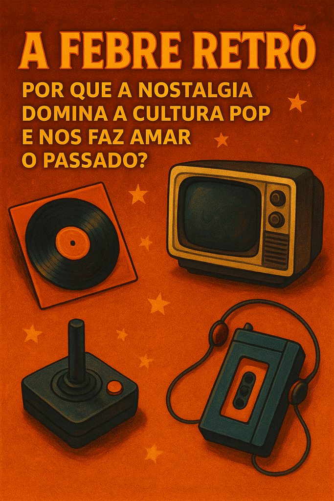 Imagem vertical com vinil, TV antiga, walkman e joystick clássico sobre fundo laranja estrelado, ilustrando o apelo nostálgico da cultura pop