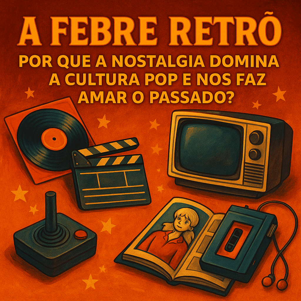Imagem com elementos retrô como vinil, TV antiga, joystick e walkman, representando a influência da nostalgia na cultura pop