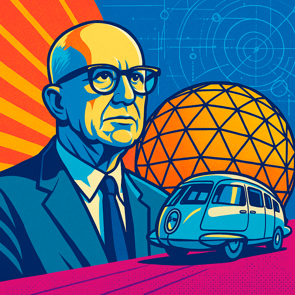 Retrato artístico de Fuller com a cúpula geodésica e o Dymaxion Car, em composição quadrada para redes sociais