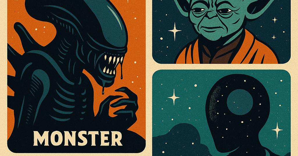 Ilustração retro estilizada representando quatro arquétipos de alienígenas da ficção: o monstro, o sábio, o amigo e a entidade cósmica.  Alienígenas Icônicos da Cultura Pop