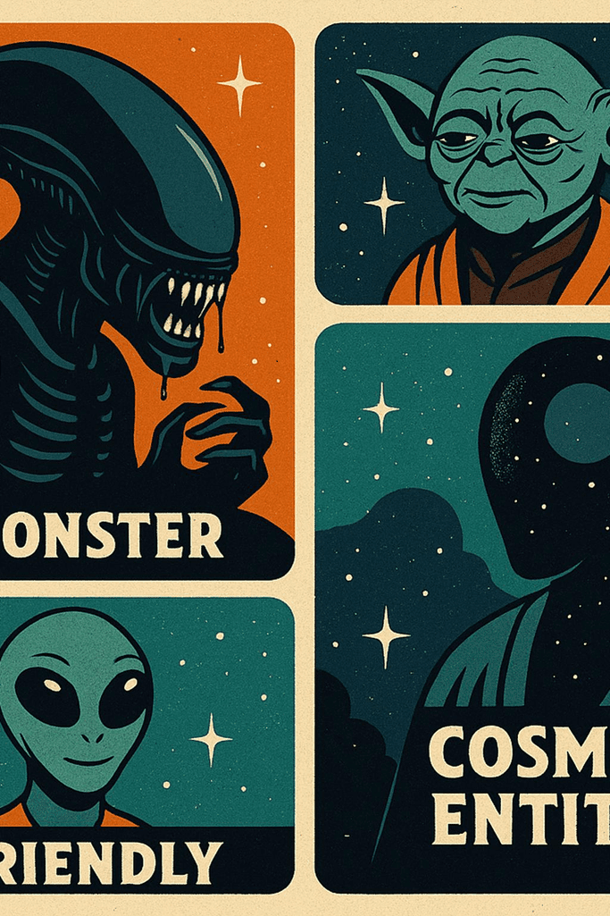 Montagem estilizada representando arquétipos de alienígenas da cultura pop em estilo retrô: o monstro, o sábio, o amigo e a entidade cósmica