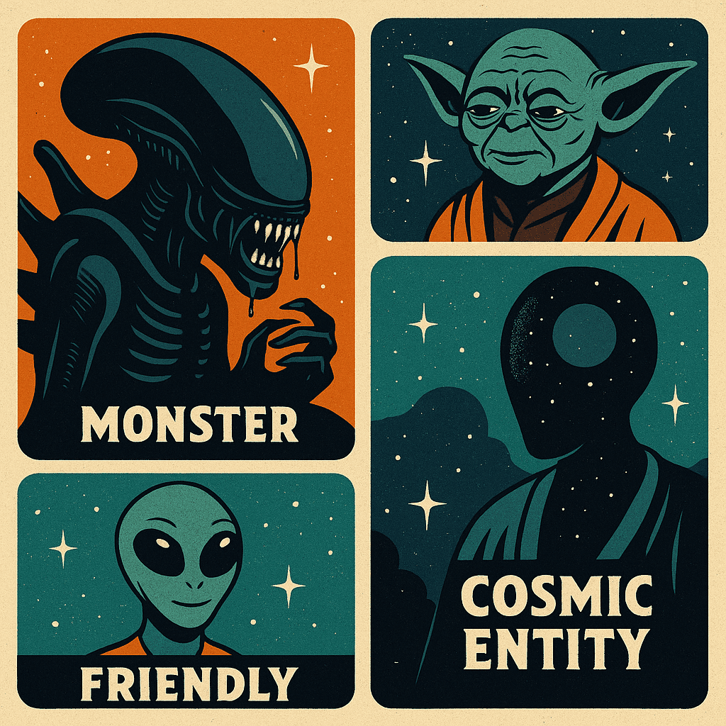 Ilustração retro estilizada representando quatro arquétipos de alienígenas da ficção: o monstro, o sábio, o amigo e a entidade cósmica. Alienígenas Icônicos da Cultura Pop