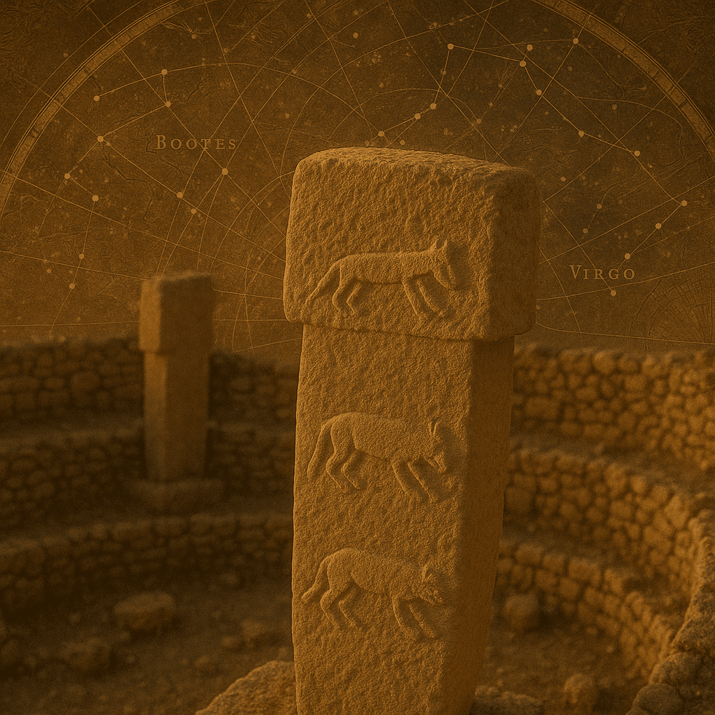 Montagem gráfica de Göbekli Tepe com sobreposição de mapas antigos e constelações, sugerindo mistérios arqueológicos.
