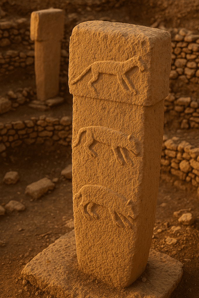 Pilar de pedra de Göbekli Tepe com esculturas de animais entalhadas, símbolo da arte ancestral enigmática.