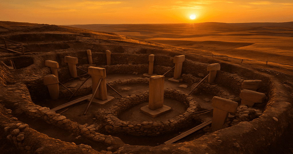 Vista aérea de Göbekli Tepe com pilares megalíticos circulares no pôr do sol, mostrando o templo mais antigo do mundo.