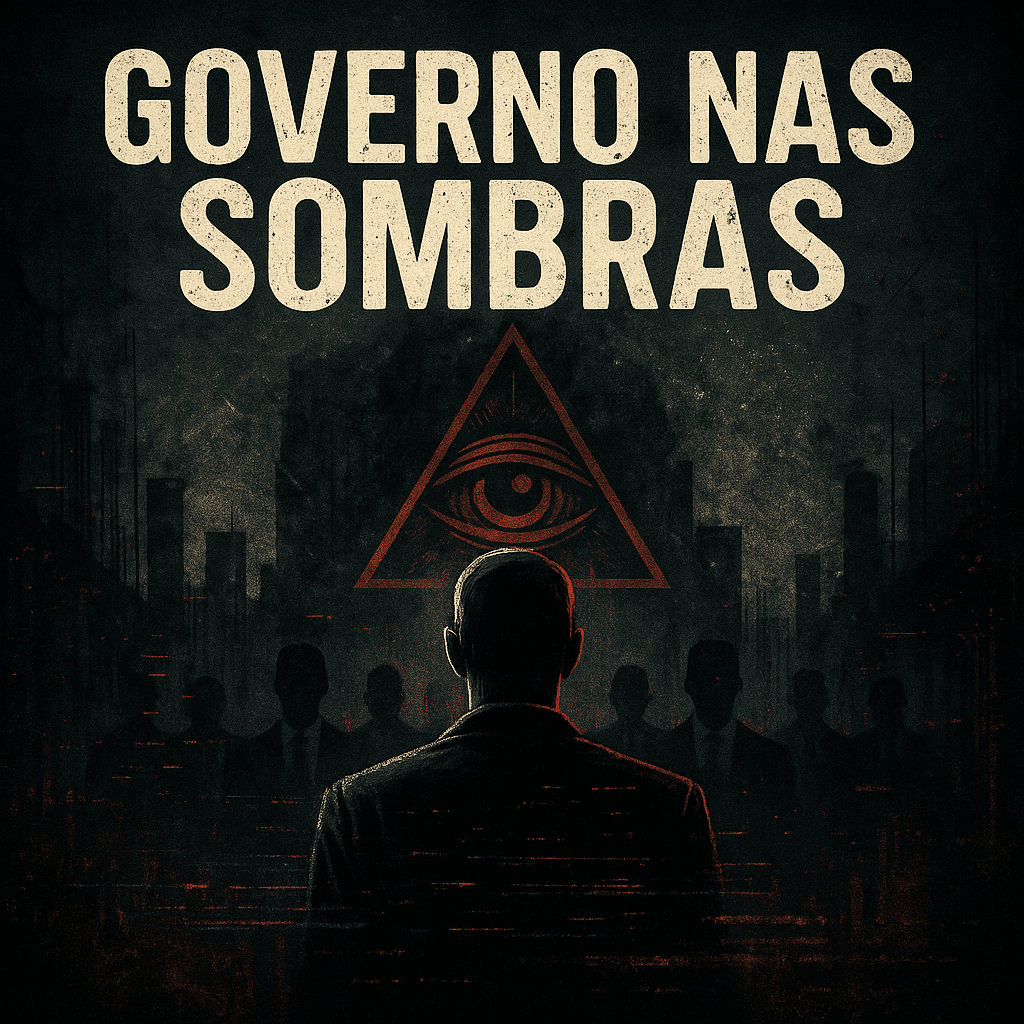“Arte quadrada com estética dark, abordando teorias sobre governo nas sombras.”