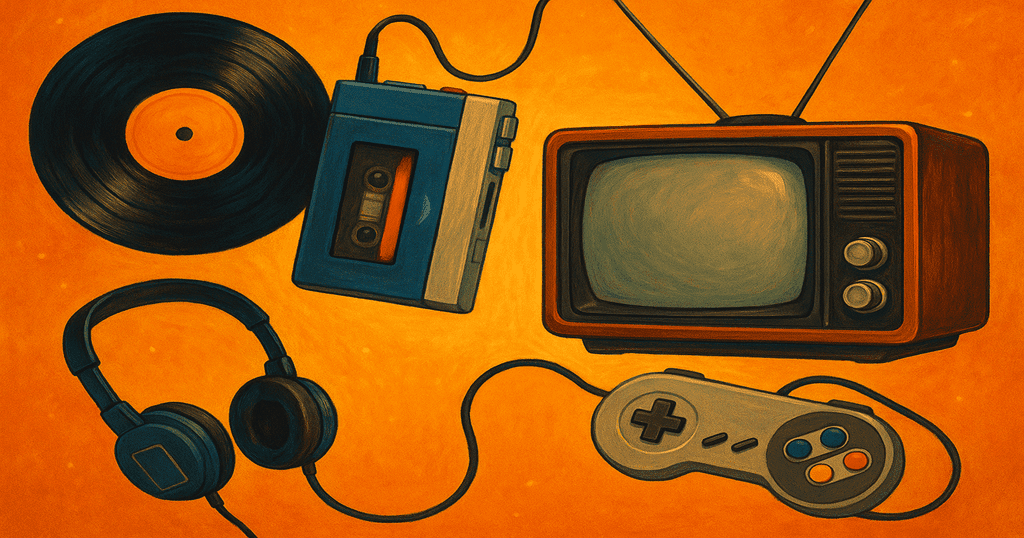 Ilustração horizontal com TV antiga, vinil, fita cassete, headphone e controle de videogame clássico sobre fundo laranja vibrante