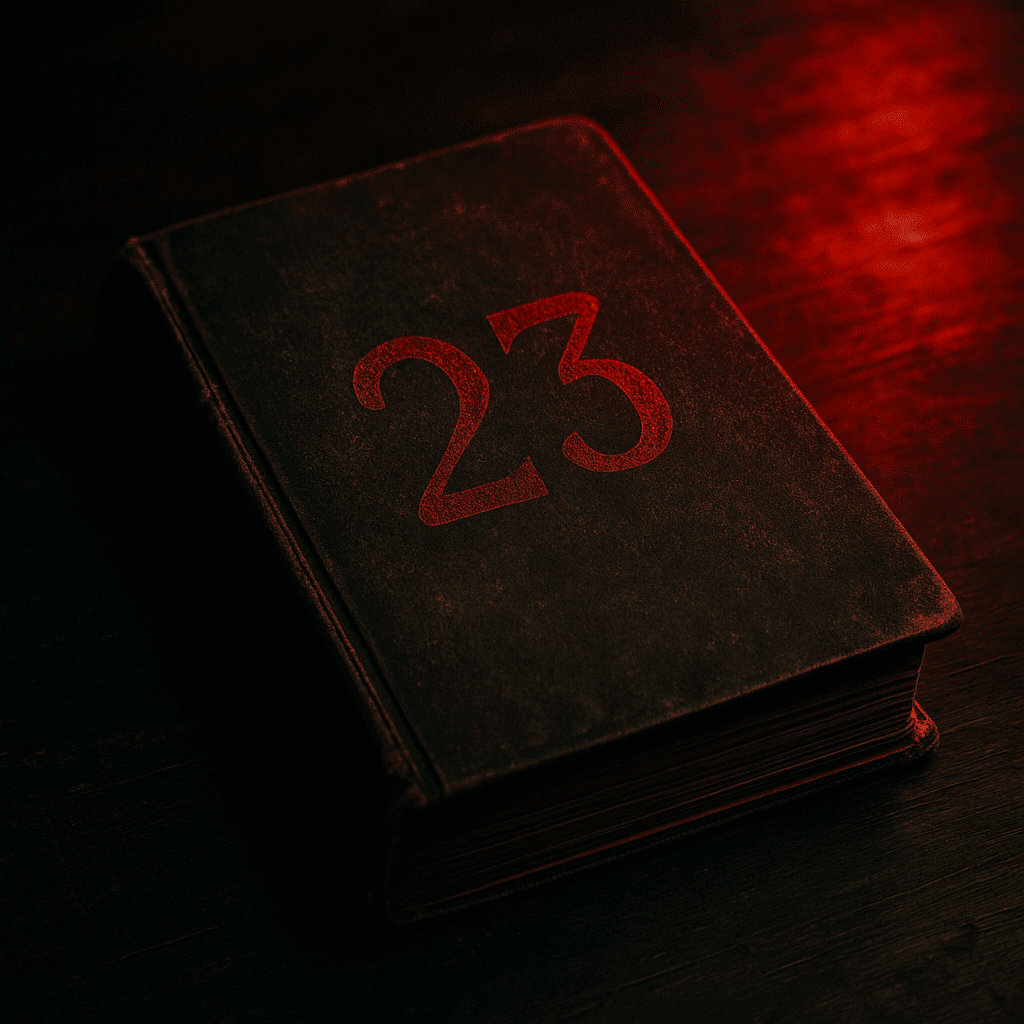 Livro misterioso com o número 23 na capa, símbolo da obsessão no filme de Jim Carrey. número 23 filme