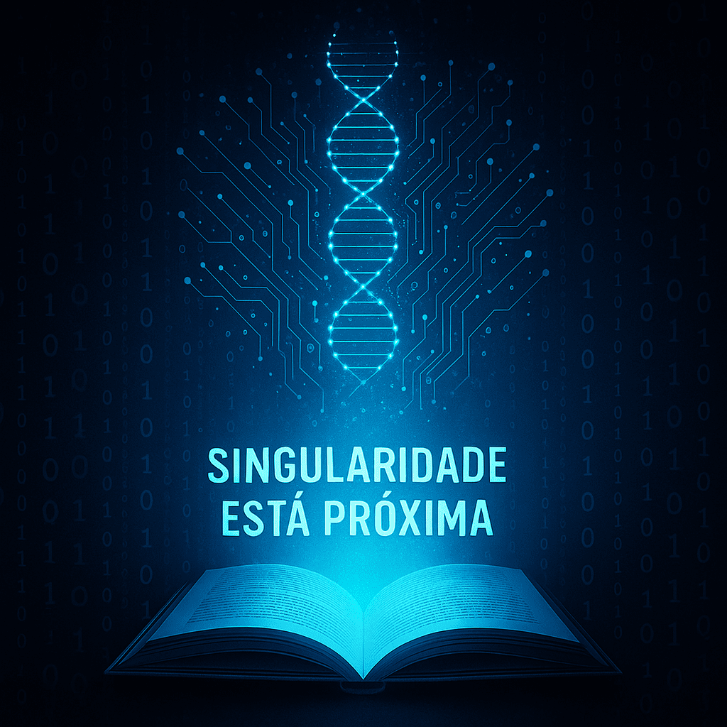 Livro simbólico da Singularidade rodeado por luzes em forma de DNA e códigos binários. A Singularidade Está Próxima