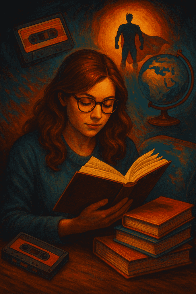 Mulher lendo livro com expressão serena, cercada por pilha de livros, fita cassete, globo terrestre e silhueta de super-herói ao fundo - O Poder das Páginas