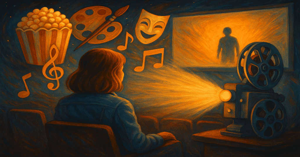 Ilustração horizontal de jovem assistindo filme em sala de cinema com projetor vintage, pipoca e símbolos artísticos ao fundo