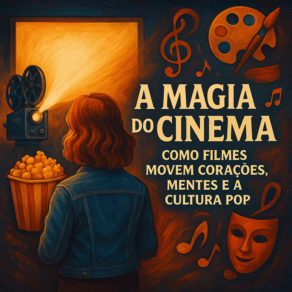 Ilustração quadrada de jovem assistindo filme com projetor, pipoca, máscara teatral e símbolos artísticos representando a magia do cinema