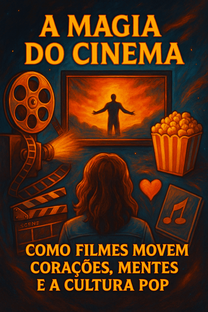 Ilustração vertical de jovem assistindo filme com projeção clássica, pipoca e elementos artísticos representando a magia do cinema