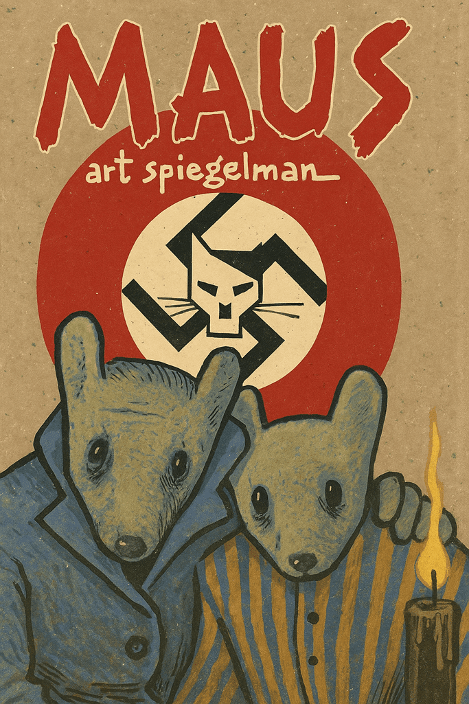 Imagem horizontal inspirada em Maus, com dois ratos antropomórficos à frente de um símbolo nazista estilizado como gato, sobre fundo vermelho intenso, evocando a perseguição aos judeus durante o Holocausto.