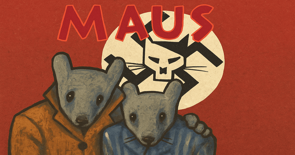Imagem horizontal inspirada em Maus, com dois ratos antropomórficos à frente de um símbolo nazista estilizado como gato, sobre fundo vermelho intenso, evocando a perseguição aos judeus durante o Holocausto.