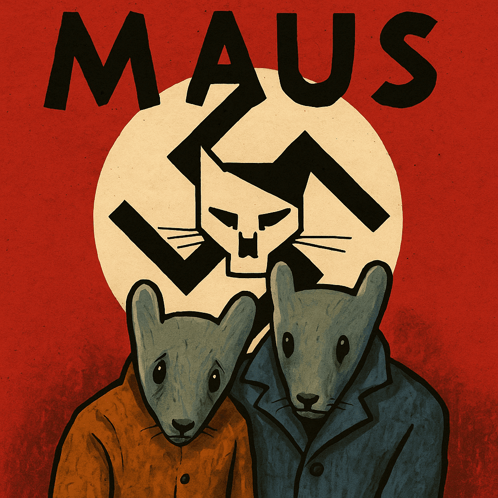 Imagem quadrada inspirada em Maus, de Art Spiegelman, com dois ratos humanizados à frente de um fundo vermelho com símbolo estilizado em forma de gato, representando o regime nazista e a perseguição aos judeus.