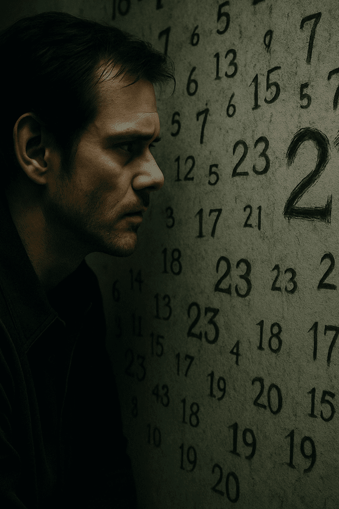 Representação visual da mente obcecada por números, com o 23 em destaque, remetendo ao thriller psicológico.