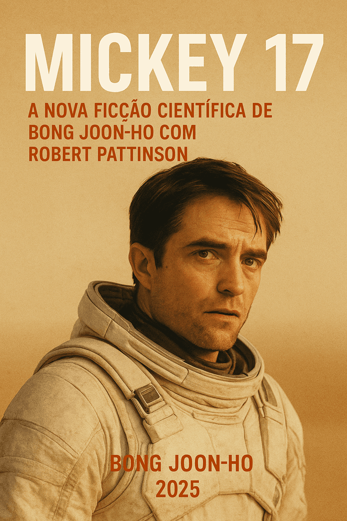Robert Pattinson em traje espacial no pôster do filme Mickey 17, dirigido por Bong Joon-ho