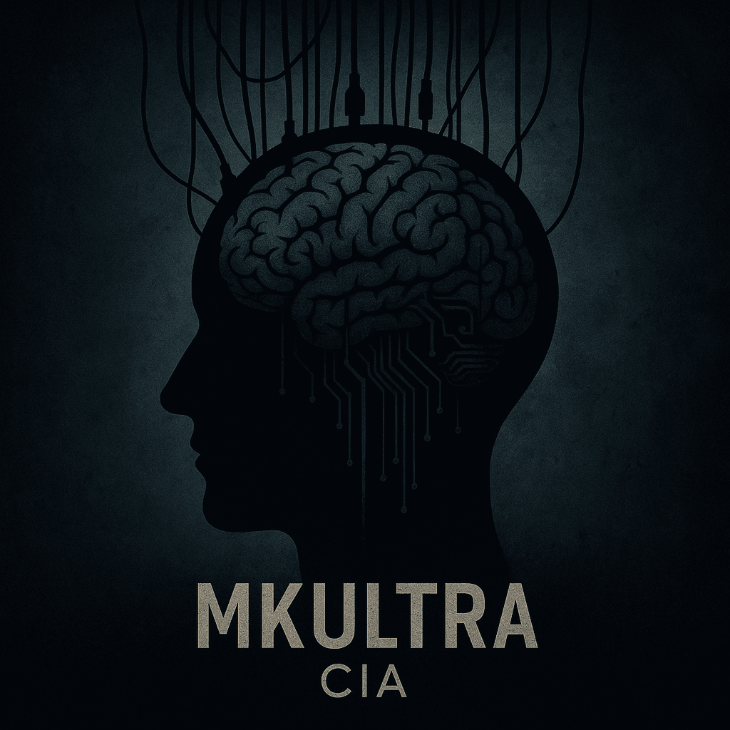 Ilustração sombria de uma cabeça humana com circuitos e cabos, representando o Projeto MKUltra da CIA e seus controversos testes de controle mental.