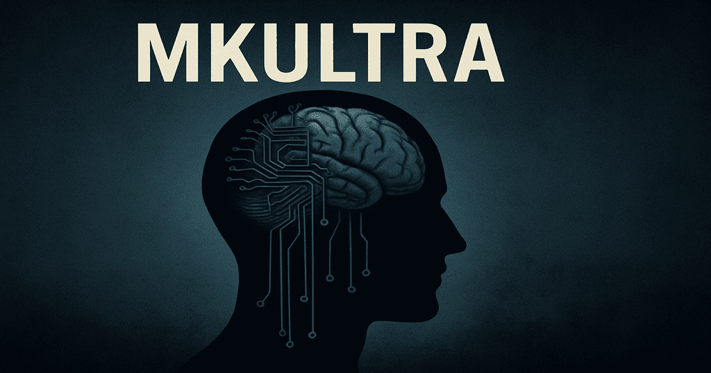 Silhueta de cabeça humana com cérebro eletrônico e fios conectados, representando os experimentos de controle mental do Projeto MKUltra da CIA.