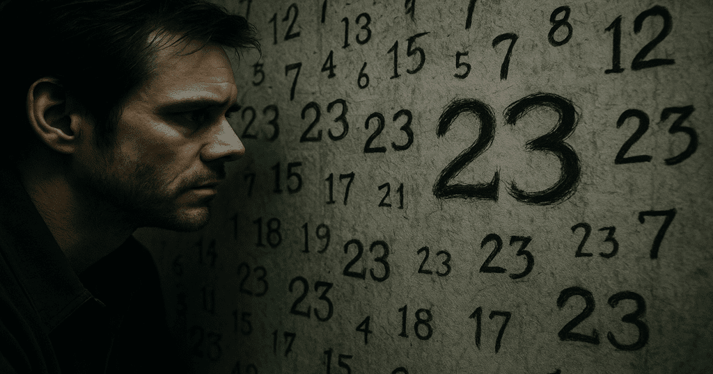 Homem encarando números em uma parede, com o número 23 aparecendo repetidamente, simbolizando paranoia e obsessão