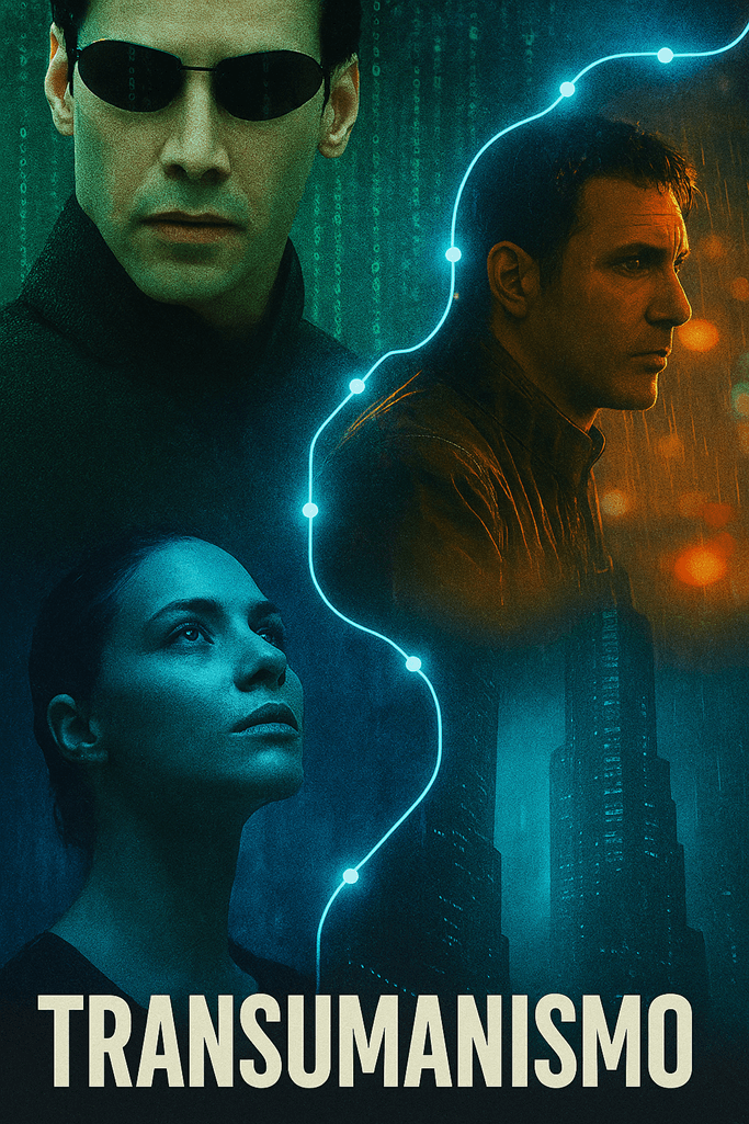 Montagem com ícones da ficção científica que exploram o transumanismo, da Matrix à Altered Carbon.