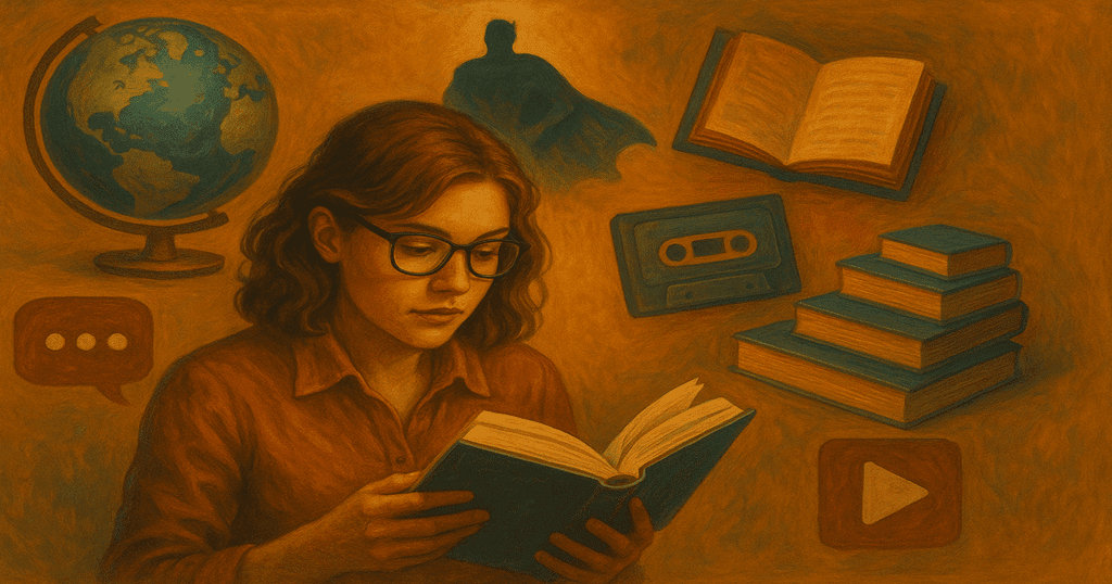 Mulher lendo um livro, cercada por elementos visuais como pilha de livros, fita cassete, globo e silhueta de super-herói, simbolizando a influência dos livros na cultura pop O poder das Paginas
