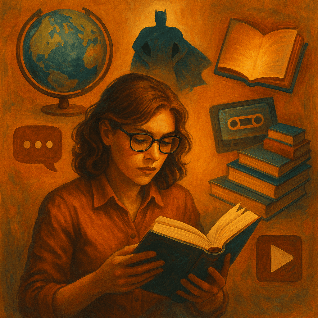 Ilustração com mulher lendo um livro, cercada por elementos da cultura pop como pilha de livros, globo, HQ, fita cassete e silhueta de super-herói