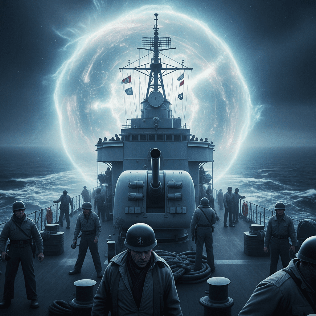 “Imagem quadrada em tom misterioso, sobre o Projeto Filadélfia e experiências militares.”