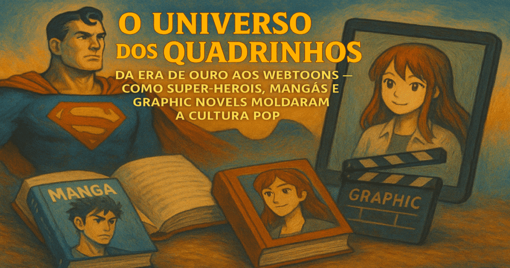 Ilustração horizontal com super-herói clássico, livro de mangá, tablet com webtoon e graphic novel, representando a evolução dos quadrinhos na cultura pop. O Universo dos Quadrinhos