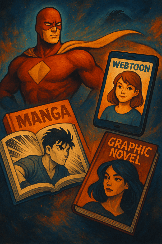 Ilustração vertical com super-herói clássico, personagem de mangá em livro aberto, HQ gráfica com mulher e webtoon em celular, representando estilos distintos dos quadrinhos - O Universo dos Quadrinhos