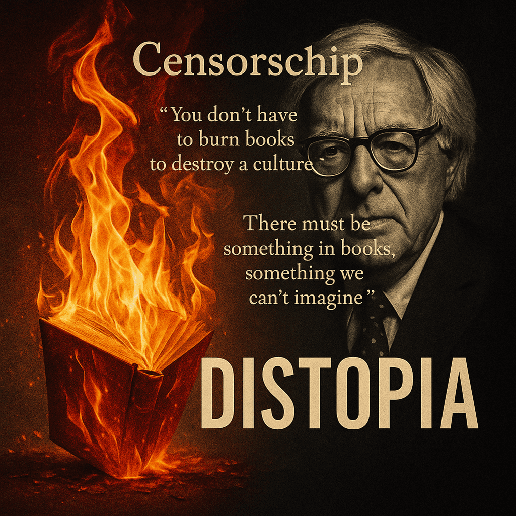 Montagem gráfica com livro em chamas, rosto de Ray Bradbury e frases sobre censura, representando os temas centrais de Fahrenheit 451
