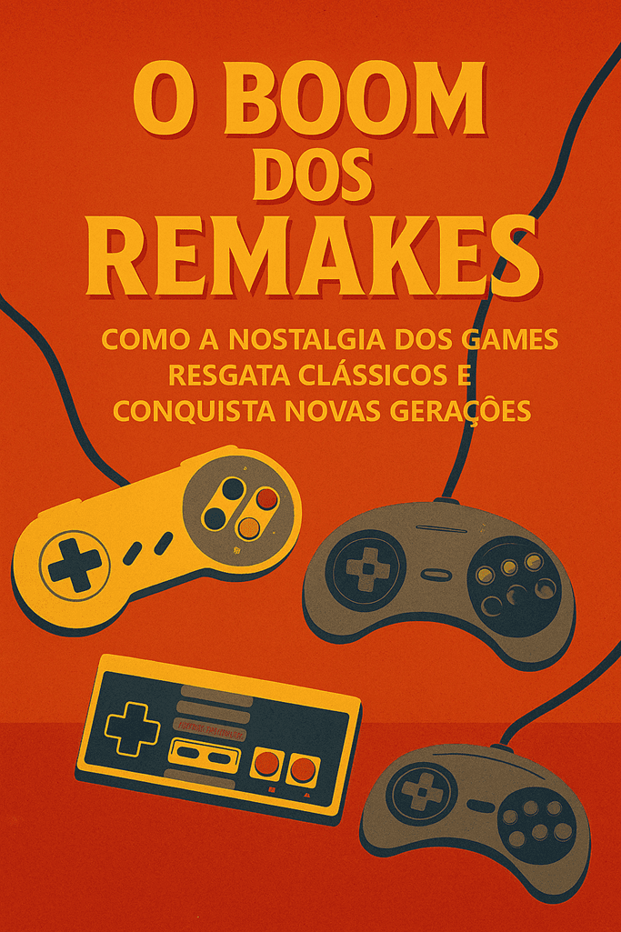 Controle de videogames clássicos em fundo laranja, com o título 'O Boom dos Remakes' em destaque, representando a nostalgia nos games