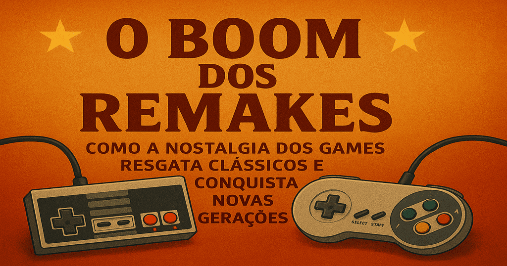 Imagem horizontal com controles retrô de videogame e o título ‘O Boom dos Remakes’, destacando a nostalgia dos games e seu apelo entre gerações