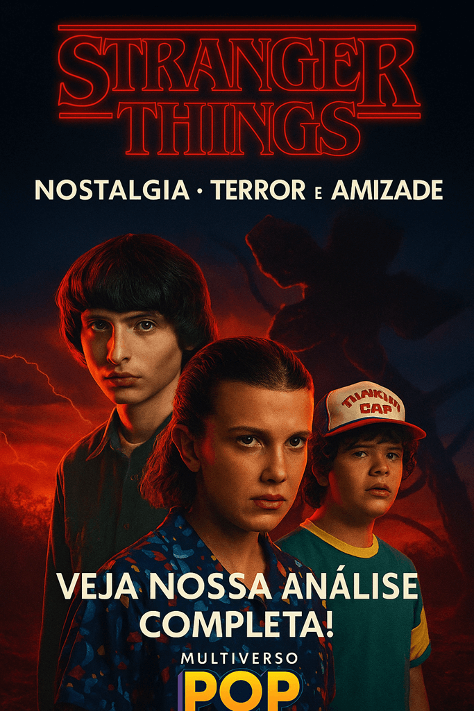 Capa promocional da review Stranger Things, com visual retrô, atmosfera de terror e destaque para os personagens principais da série da Netflix.