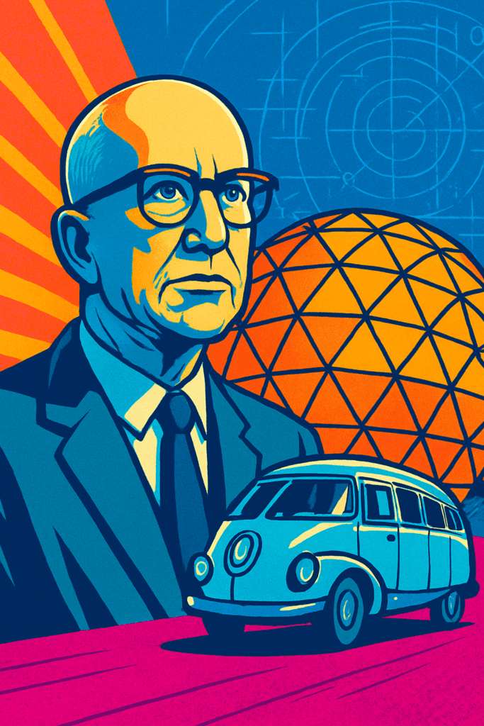 Buckminster Fuller com sua visão do futuro: cúpula geodésica e carro Dymaxion em destaque