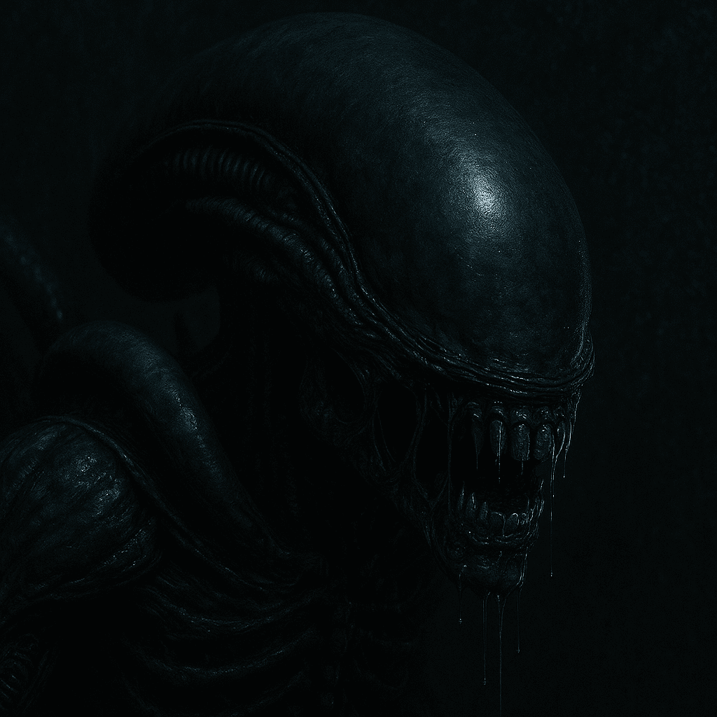 Rosto do Xenomorfo com baba ácida e detalhes biomecânicos, criado por H.R. Giger.