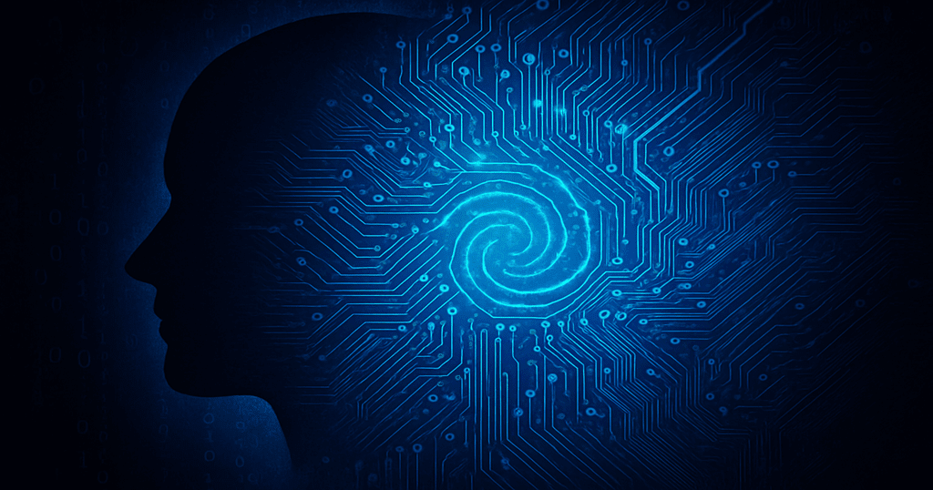 Silhueta de humano se integrando a circuitos digitais, simbolizando a fusão entre homem e máquina na Singularidade Tecnológica. A Singularidade Está Próxima