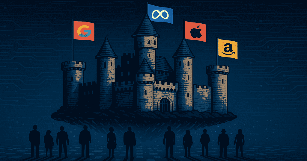 Ilustração de um castelo medieval flutuando em um ambiente digital, com bandeiras do Google, Meta, Apple e Amazon, representando o tecnofeudalismo das Big Techs.