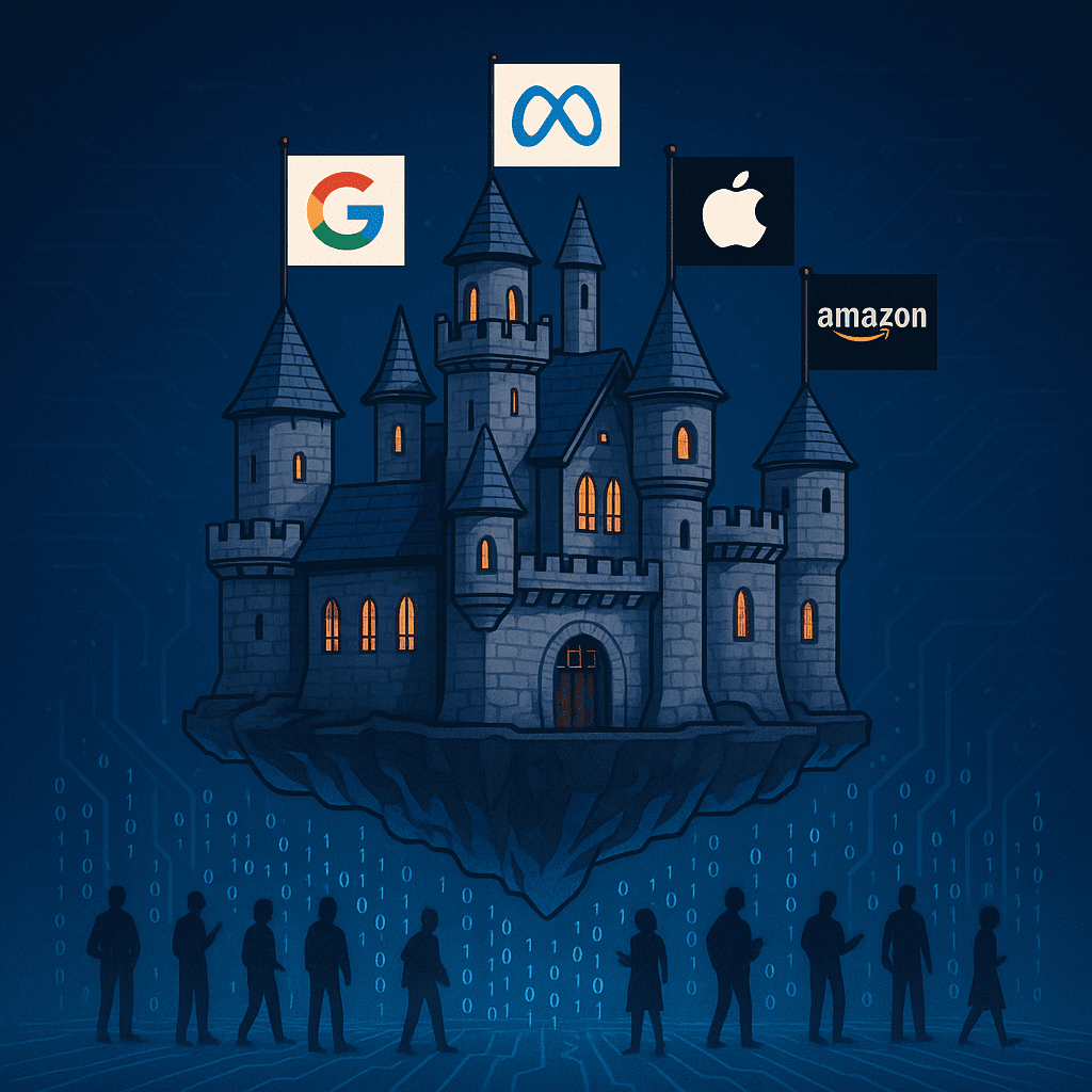 Castelo medieval flutuante com bandeiras de Google, Meta, Apple e Amazon, simbolizando o domínio das Big Techs no tecnofeudalismo digital.